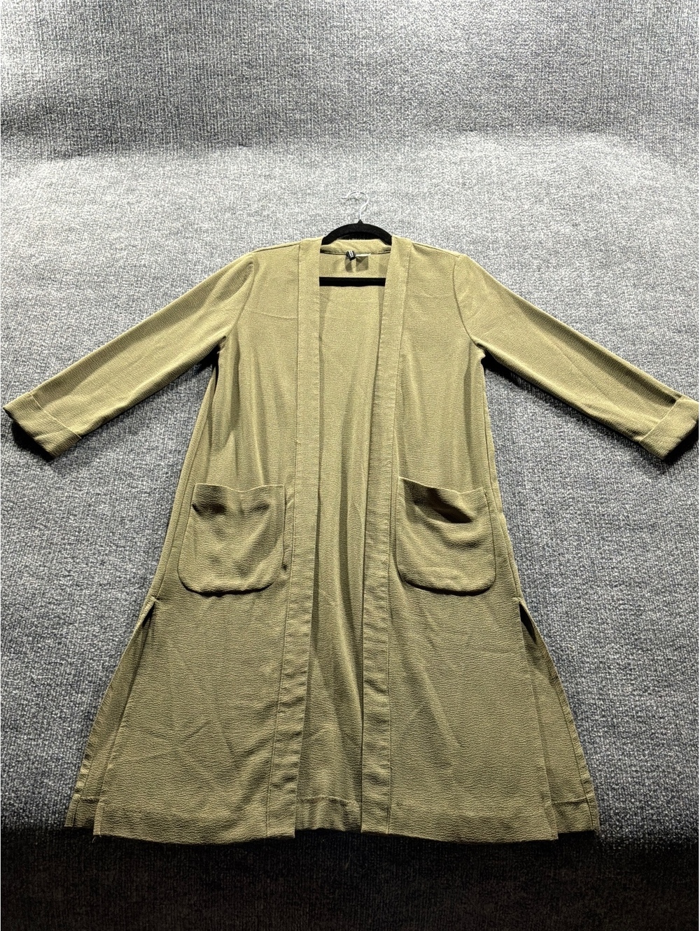 H&M Khaki Green Long Open Front Cardigan with Pockets, Size 8